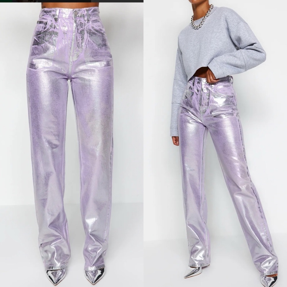 Trendyol Collection Women's Lilac Shiny Metallic Printed High‎ Waist Wide Leg 34